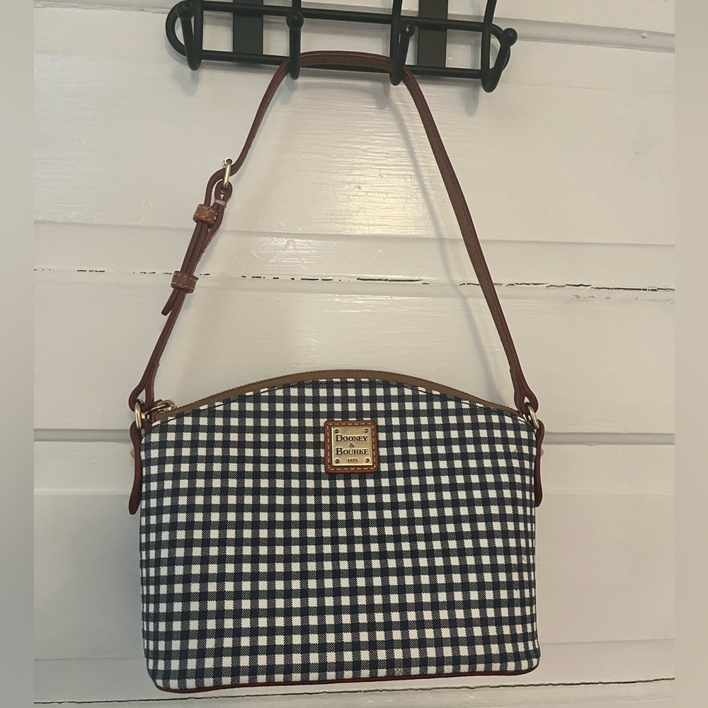 Dooney & Bourke Black White Gingham Suki Bag with Leather Trim